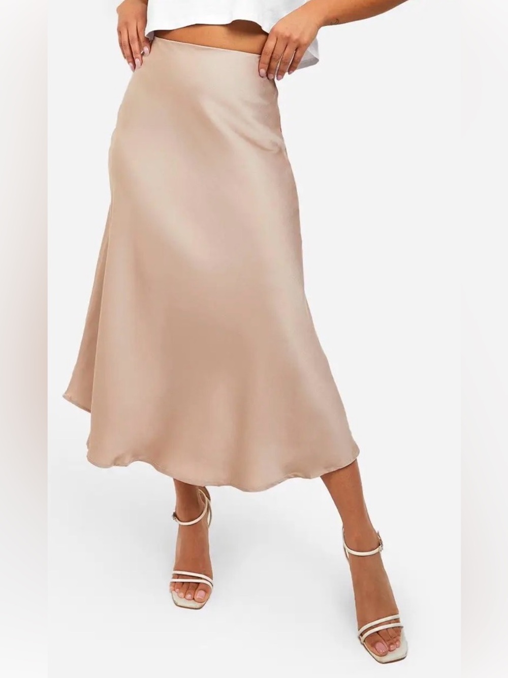 Nude Satin Midi Skirt